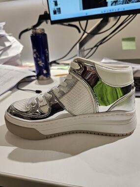 MK White & Silver Platform High-Top Sneakers - Women's Without Box